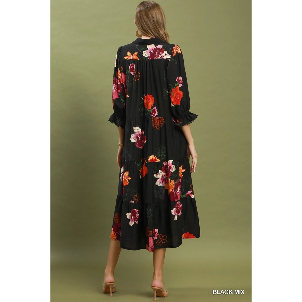 Umgee Floral Print Tiered Midi Dress with Puff Sleeves - Black Mix - Large - Picture 3 of 6